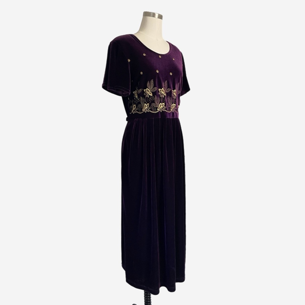 Vintage 90s Another Thyme Plum purple velvet floral embroidered midi medieval L - Picture 3 of 11